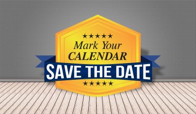 A picture of a yellow graphic shield with the words "Mark you r Calendar" on it with a black banner looping around it with the white words "Save the Date"