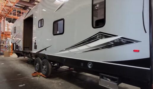 A picture of an RV travel trailer being assembled from Crane Composite sidewall materials