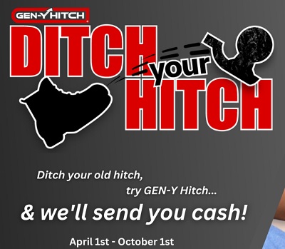 A picture of the Gen-Y Hitch's Ditch your Hitch promotion graphic showing a cartoon boot kicking a cartoon hitch