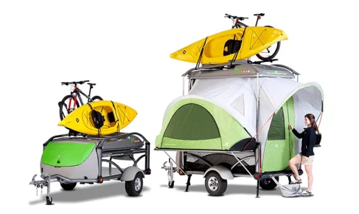 A picture of the GO pop-up camper both deployed and folded as a trailer
