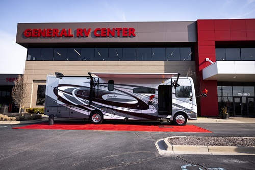 A picture of a 2023 Fleetwood Bounder in front of General RV Center