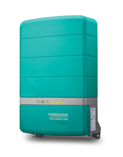 A picture of the Mastervolt Inverter Charger , an rectangular aqua case on wheels