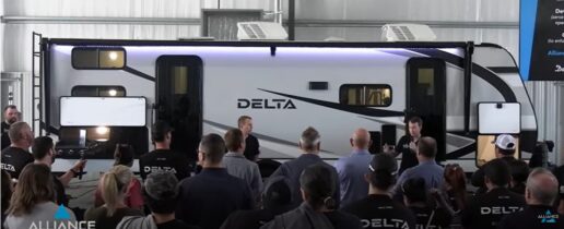 A picture of Alliance RV's New 2023 Travel Trailer Line being revealed in front of a huge crowd at the Alliance headquarters