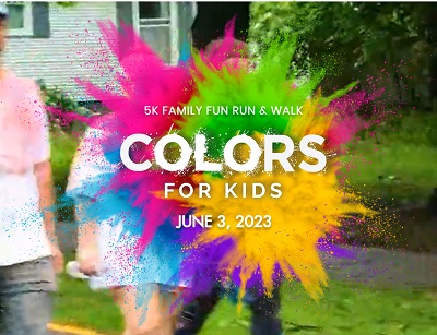 A picture of an explosion of color behind the Lippert Colors for Kids Fundraiser words in white