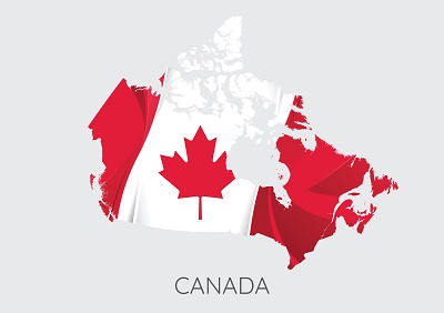A picture of a map of Canada overlain with the country's maple leaf flag