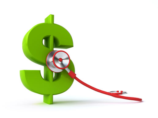 A picture of a stethoscope being held up to a dollar sign signifying "healthy profits"