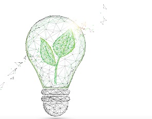 A picture of a lightbulb with a green plant inside formed from lines with triangles and particles flowing out