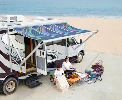 A picture of Artpiece the Eco-Dynamic powered solar awning with colored light pattern capability