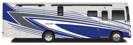 A picture of the Fleetwood Bounder Type A motorhome with a sweeping blue graphic design on the exterior