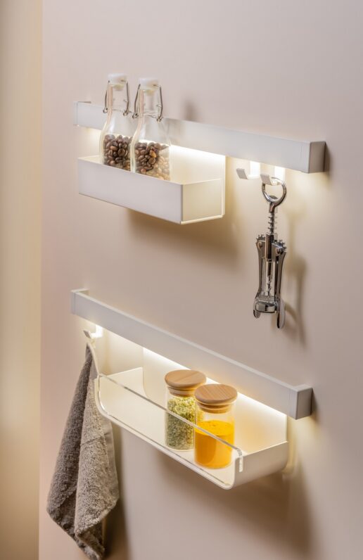 A picture of Baldacci kitchen shelves hanging on a wall.