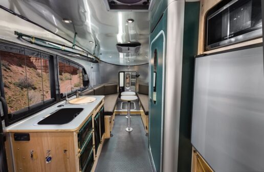 A picture of the interior of Airstream's Basecamp 20X, a 2024 collaboration with REI Co-Op.