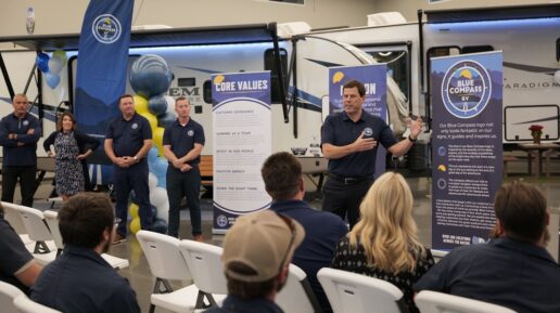 Blue Compass RV President and CEO Jon Ferrando addresses the store's Utah staff during the brand rollout event.