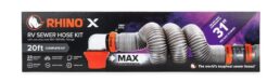 A picture of Camco's new Rhino X maximum compression sewer hose kit in a retail box.