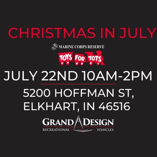 A picture of Grand Design RV's announcement of the Christmas in July Toys for Tots toy drive in July 2023.