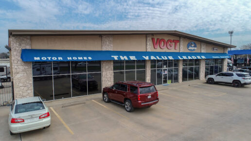 A picture of the front entrance to the main Vogt RV facility before the company split its operations into manufacturer and brand specific stores.