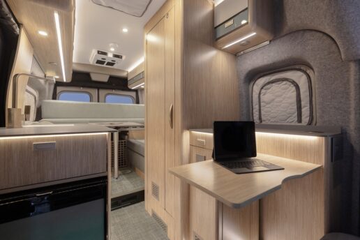A picture of the interior of Winnebago's eRV2, featuring components from Genesis Products.