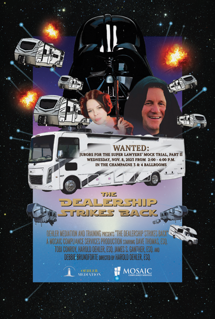 A picture of a poster featuring characters resembling Star Wars characters promoting the Super Lawyers session at the 2023 RVDA Convention/Expo.
