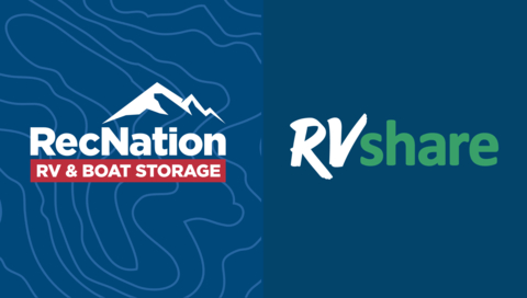 A picture of the RecNation and RVshare logos together signifying a partnership between the two RV rental platforms.