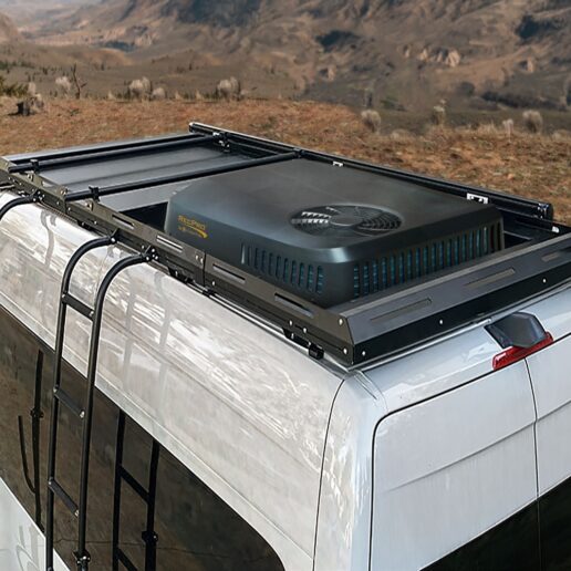 A picture of RecPro's 48-volt air conditioner atop a Type B Mercedes Sprinter motorhome.
