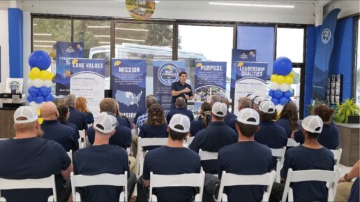 Jon Ferrando addresses Blue Compass RV staffers during the dealership's North Carolina brand rollout.