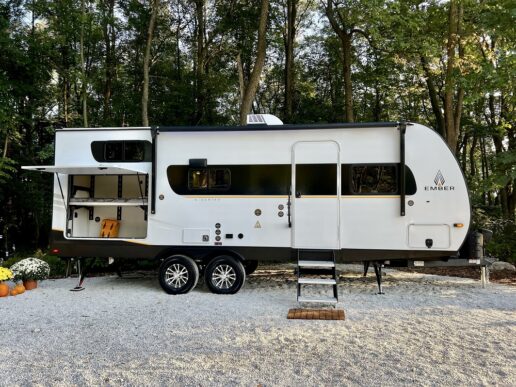 A picture of the exterior of a 2024 Ember E Series travel trailer.