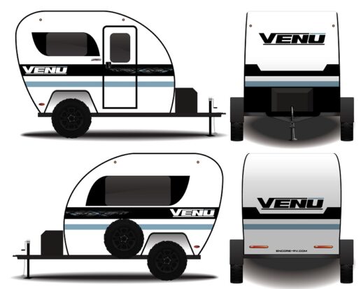 A graphic depicting exterior views of the 2024 Encore RV Venu trailer.