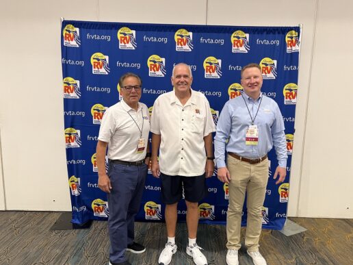 A picture of RVDA President Phil Ingrassia, FRVTA Executive Director Dave Kelly and RVTI Executive Director Curt Hemmeler at the 2023 FRVTA State Convention.