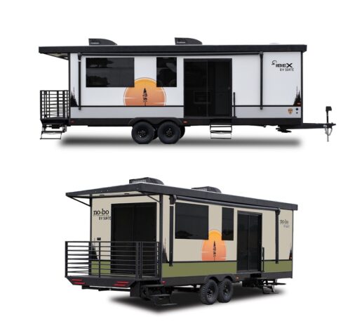 A picture of Forest River Ibex and No Boundaries' 2024 RV Suite travel trailer exteriors.