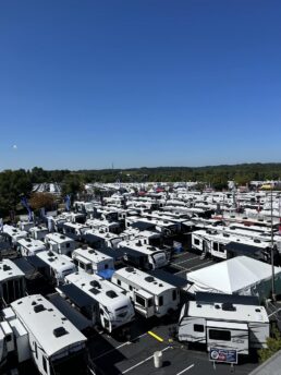An areal picture of RVs lined up together at America's Largest RV Show in Hershey, Pennsylvania.