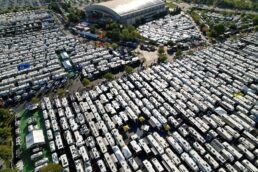 An areal picture of RVs in the parking lot at America's Largest RV Show in Hershey, Pennsylvania.