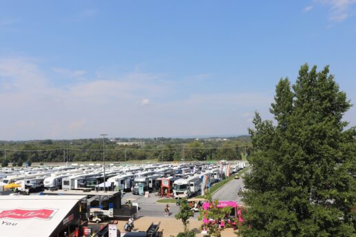 An aerial photo of the lot stocked with RVs at the America's Largest RV Show in Hershey, Pennsylvania.