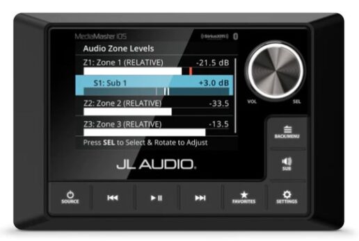 A picture of the front of a JL Audio MediaMaster device, showing audio zone levels.