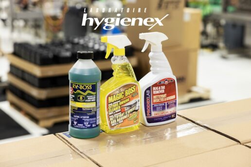 A picture of three RV Boss cleaning products on a table lined up.