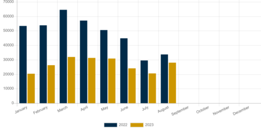 A picture of August 2023's monthly RVIA wholesale RV shipment chart