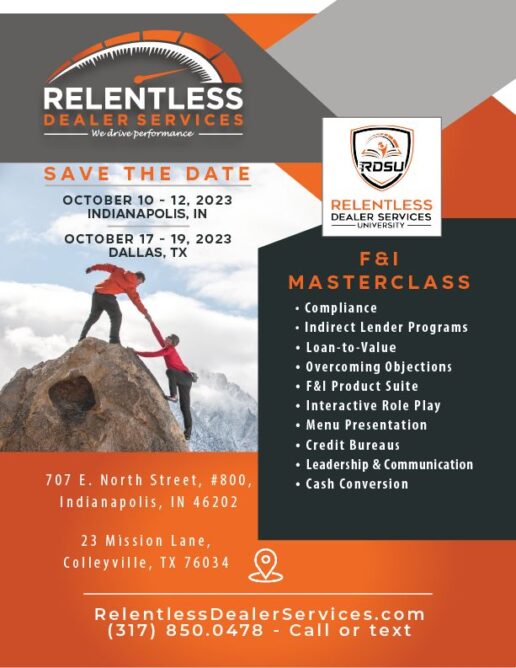 A picture of the signup flyer for Relentless Dealer Services' MasterClasses.