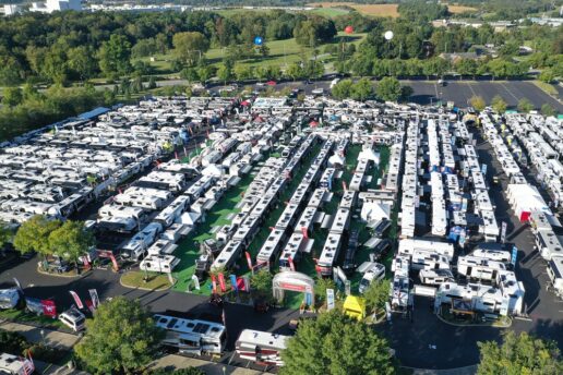 A picture of Rev Recreation Group's 2023 Hershey RV Show display from an aerial view.