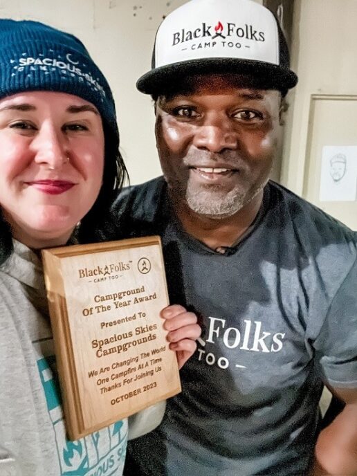 A picture of Ali Rasmussen of Spacious Skies Campground and Earl B. Hunter Jr., founder of Black Folks Camp Too. Spacious Skies was named Campground Company of the Year .