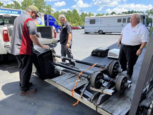 A picture of RV axles being delivered by General RV to Jones Technical Institute to assist the RV technician training program.