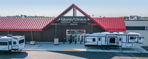 A picture of the exterior of Camping World's Grand Design RV exclusive store in Green Bay, Wisconsin.
