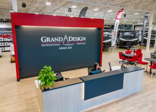 A picture of the front desk in Camping World's Grand Design RV exclusive store in Green Bay, Wisconsin.