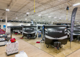 A picture of the RV showroom in Camping World's Grand Design RV exclusive store in Green Bay, Wisconsin.