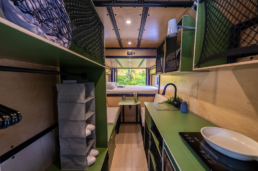 A front to back interior picture of the Grounded G2 all-electric motorhome.