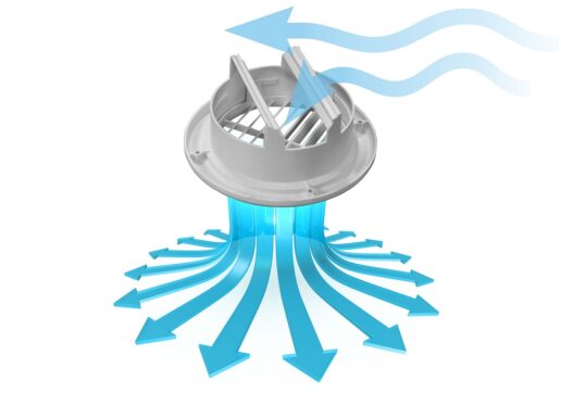 A graphic image showing air flowing in and through Heartland RV's Trio Airflow A/C System.