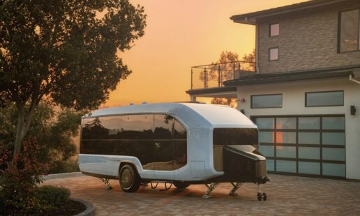 An exterior photo of the Pebble Flow electric travel trailer prototype.