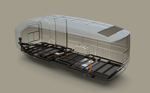 An artist's rendition of the Pebble Flow travel trailer frame.