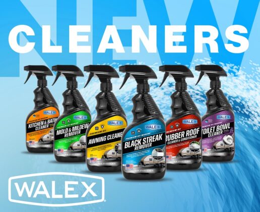 A picture of Walex Products' new line of six cleaning products set against a blue background.