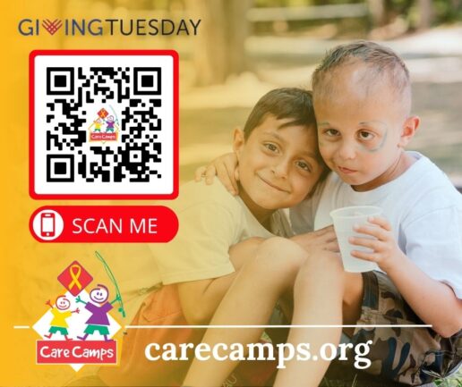 A picture of two children hugging with the Care Camps logo and a QR code to enable charitable donations.