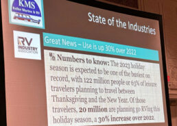 A picture of a slide presentation at the State of the Industry Lunch at Keller Marine & RV 2023 Accessory Show.