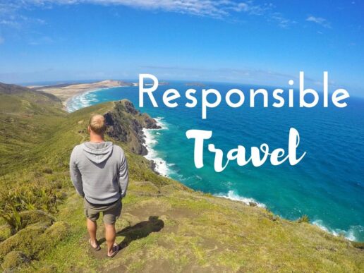A picture of a man standing near the edge of a cliff with the ocean below and the words "Responsible Travel" next to him.