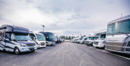 A picture of RVs lined up on the lot outside Stoltzfus RV's and Marine in West Chester, Pennsylvania.